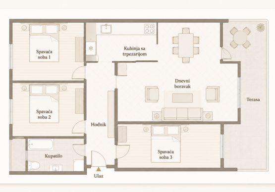 SKICA-apartman-ANA-DELUX Skica i raspored prostorija četvorosobnog apartmana Ana Delux od 120m2